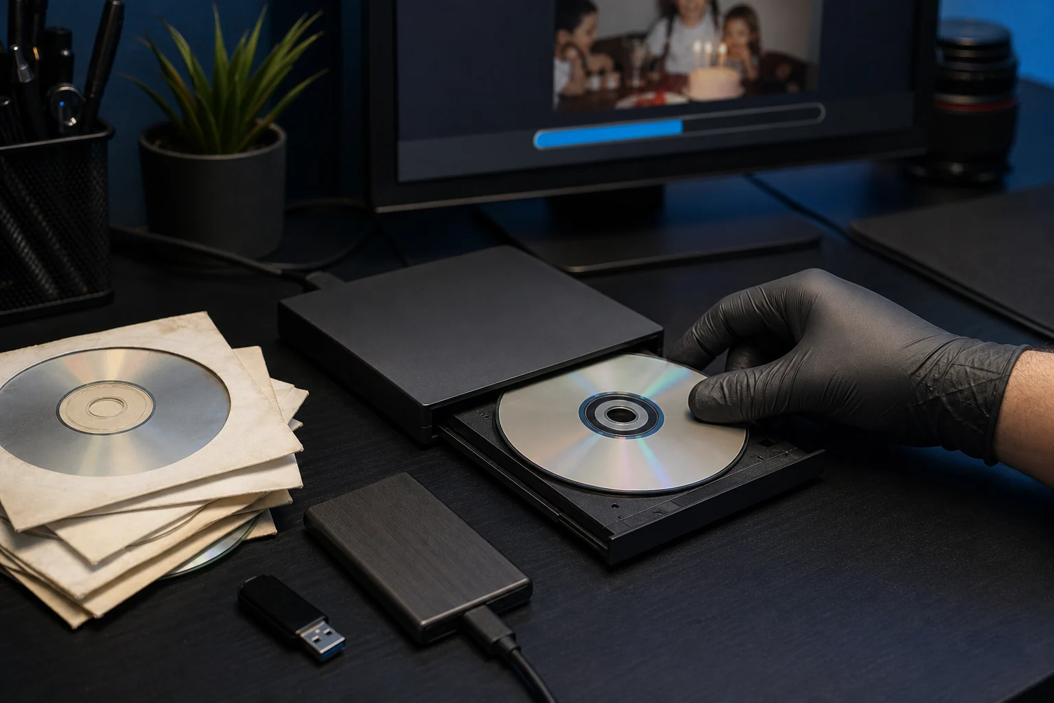 Previdno vstavljanje starega DVD-ja v zunanji pogon med digitalizacijo