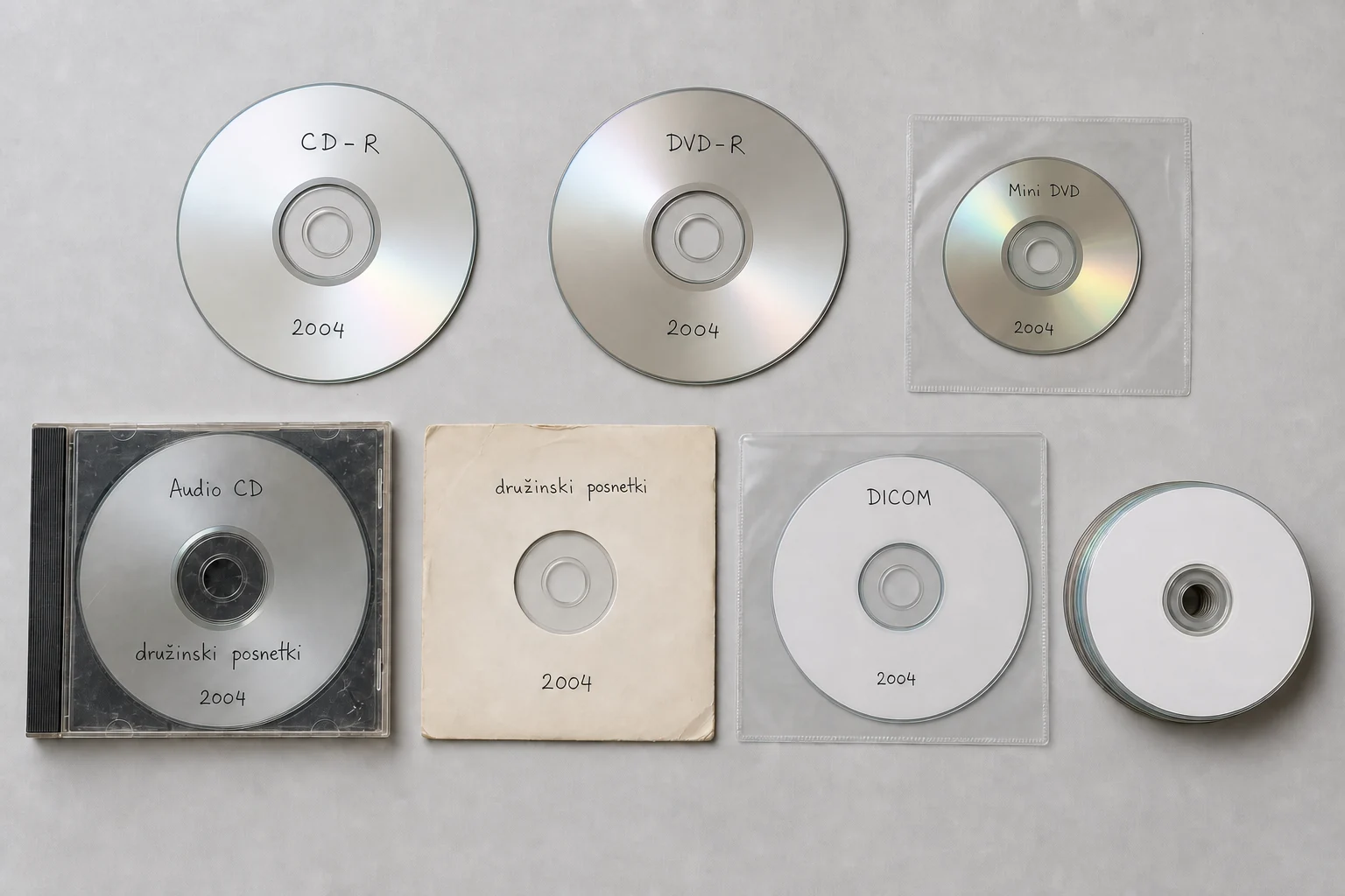 Različni optični mediji: CD-R, DVD-R, Mini DVD, avdio CD in DICOM disk